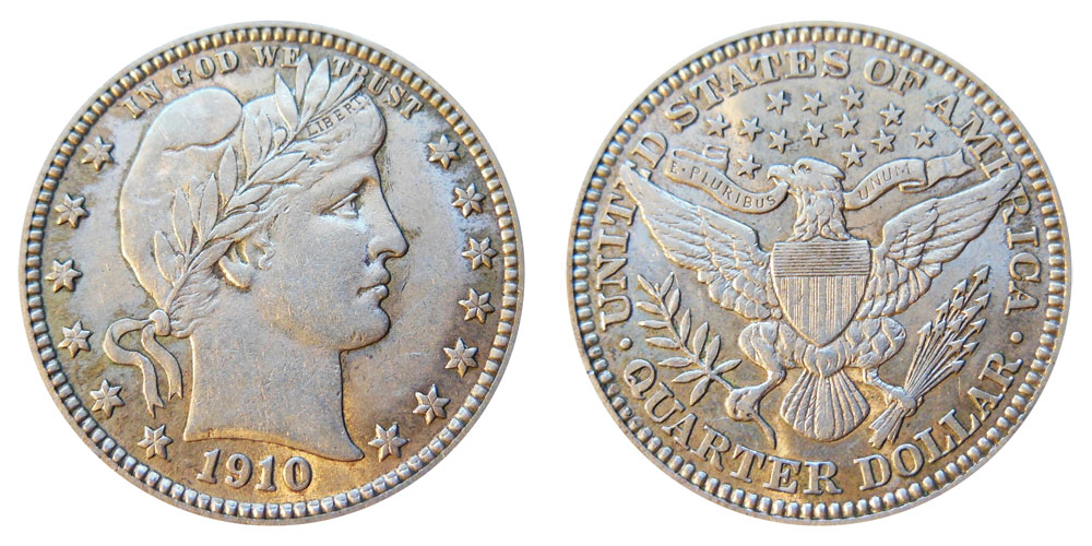 1910 Barber Quarter obverse and reverse showing Liberty portrait and heraldic eagle design