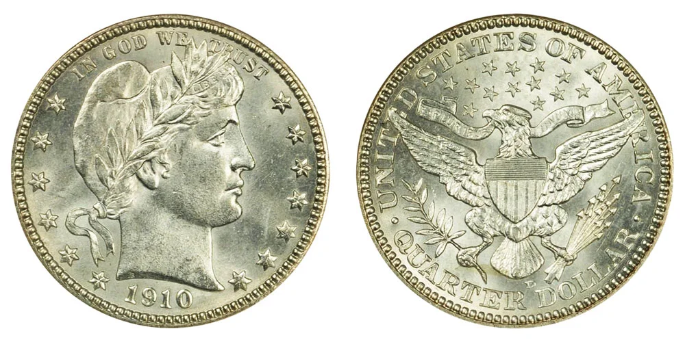 1910 Barber Quarter comparison: Philadelphia (no mint mark) vs 1910-D Denver quarter reverse mint mark location