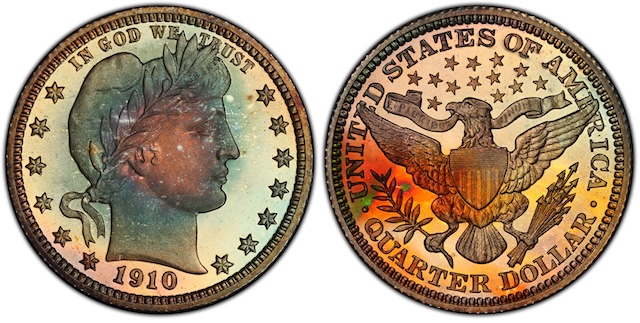 1910 Proof Barber Quarter Deep Cameo showing frosted Liberty devices against mirror-like polished fields