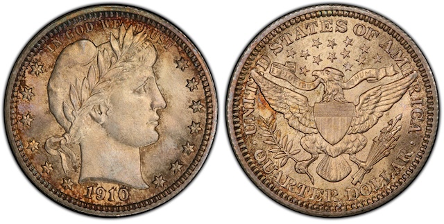 1910 Barber Quarter grading strip showing four condition tiers from heavily worn Good through uncirculated Mint State